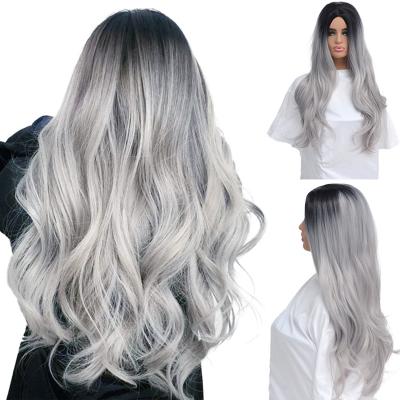 China Body Wave Long Brown Black Wavy Gray Ash White Ombre Synthetic Wig With Daily Bangs Cosplay Party Wig For Women Heat Resistant Hair for sale