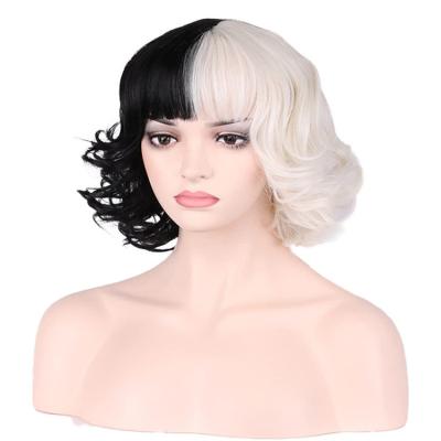 China French Cruella de Vil Short Curly Half Curly Amazon Anime Anime Black and White Half Wig Halloween Hair Heat Resistant Synthetic Wigs Cosplay for sale