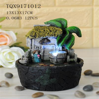 China Europe Office Decoration Resin Hut Battery Pump Table Top Gray Thatched Fountains for sale