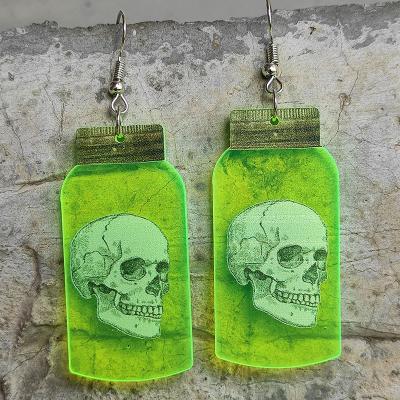 China TRENDY Hands Bones Skull Heads Witch Jars UFO Cow Fluorescent Green Acrylic Fashion Halloween Dangle Dangle Earrings for sale