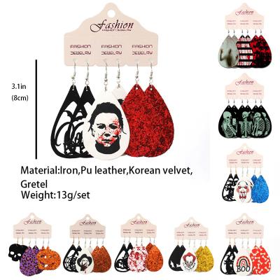 China TRENDY PU Leather Earrings Set Halloween Earrings Gifts Water Drop Skull Pumpkin Funny Scary Earrings for sale