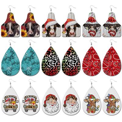 China TRENDY Christmas Tree Patterned Leather Earrings Drop Leather Teardrop Earrings For Women Gifts Thanks Giving Jewelry for sale