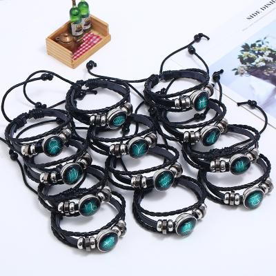 China New Arrival Charm Leather Bracelet Handmade Jewelry High Quality 12 Constellations Zodiac Bracelet Men's Punk Bracelets for sale