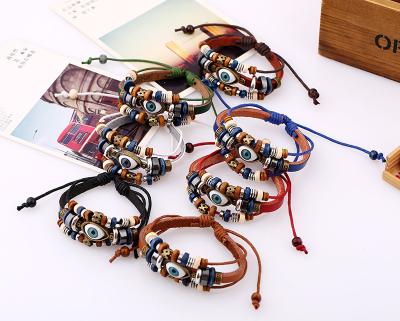 China Fashion Punk Leather Bracelet 3 Layers Eye Adjustable Beaded Bracelet For Couples Jewelry for sale