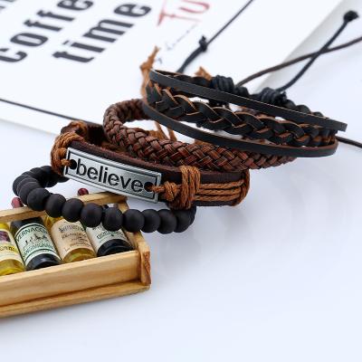 China Vintage Alloy Punk Letters Believe Hope Dreamer Bangle Bracelet Handmade Leather Adjustable Men Fashion Jewelry Accessories for sale