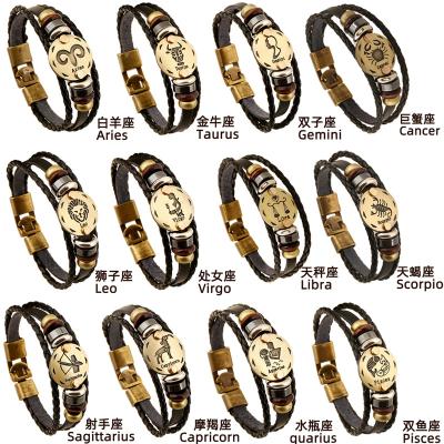 China Punk Zodiac Horoscope Gifts 12 Day Valentines Day Bangle Bracelet Leather Beaded Jewelry For Men Punk Leather Bracelet for sale