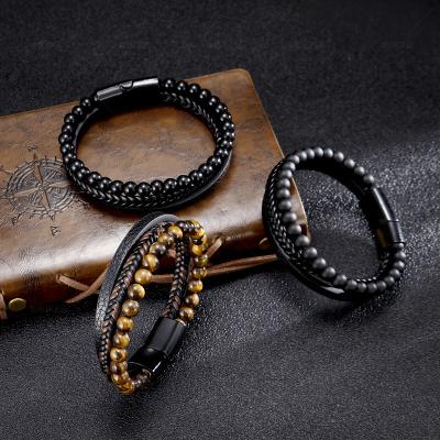 China Punk Bracelet Men's Black Gallbladder Frosted Black Gallbladder Eye Stainless Steel Braided Natural Stone Leather Bracelet for sale