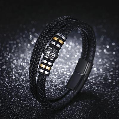 China Ethnic Bangle Men's Stainless Steel Jewelry Punk Style Multilayer Braided Leather Rope Titanium Steel Magnetic Buckle Bracelet for sale