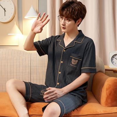 China New Fashion Breathable Two Piece Pajamas Pajamas Sets Cotton Shorts Sleeve Knee Length 100% Casual Two Piece Night Wear With Best Price For Men Boy for sale