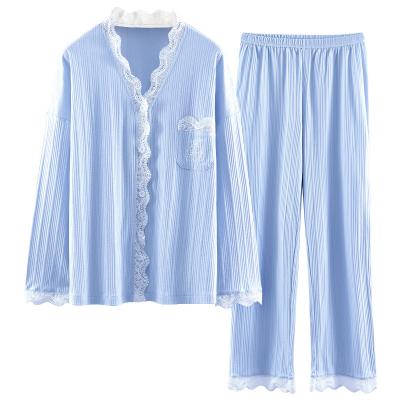 China Full Wear 100% Cotton Sleeve Length Sleepwear Breathable Casual Luxury Two Piece Pajamas Sets For Girls Women for sale