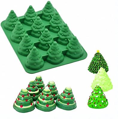 China BPA Free Stocked Dishwasher Safe 12 Cavity 3D Christmas Tree Cake Mold Non-Stick Bread Pie Heat Resistant Silicone Flan Mold Baking Tray for sale