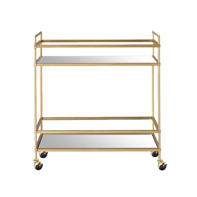 China Handmade Tier Kitchen Gold Metal Trolley Rolling Cart Bar Cart Portable Serving Shelving with Wheels for sale