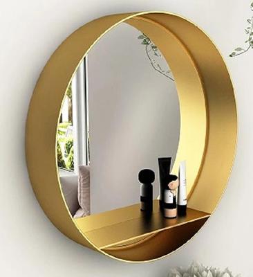 China Contemporary Modern Round Gold 19.5inch Metal Framed Wall Mirror With Shelf For Bathroom for sale