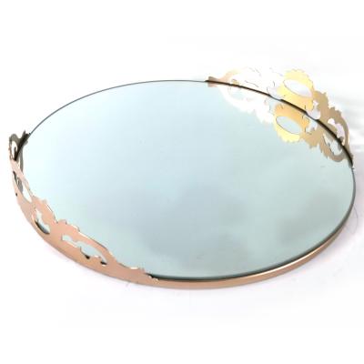 China 100% handmade round rose gold mirror glass-metal serving tray with handles for home decor and hotel for sale