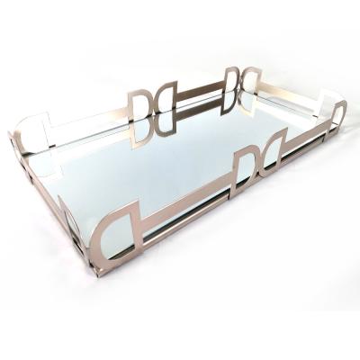 China 100% handmade rectangles rose gold mirror glass-metal serving tray with handles for home decor and hotel for sale