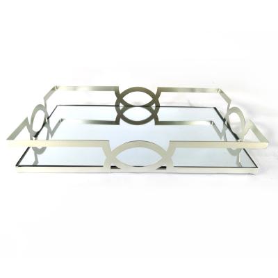 China 100% Handmade Rectangle Silver Mirror Glass Metal Serving Trays with Handles for Home Decor and Hotel for sale