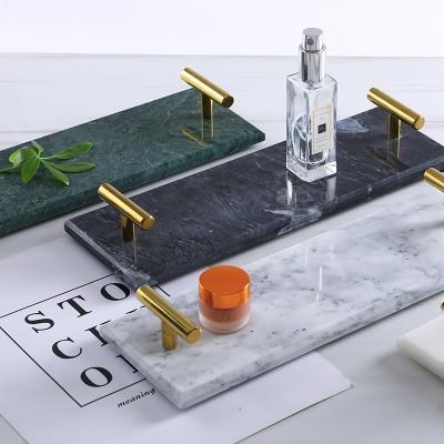 China 100% Handmade Simple Modern Black White Marble Rectangle Serving Trays with Metal Handle for Home Decor and Hotel for sale