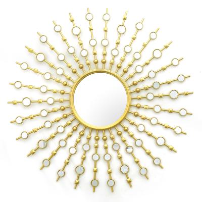 China Samll Quantity Acceptable Round 90cm Sun/Star Shape Gold Metal Frame Wall Mounted Mirror Decorative For Living Room for sale