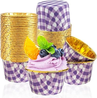 China Eco-Friendly Aluminum Plaid Gingham Purple Food Grade Baking Cups, 3.5Oz Gold Liners Mini Cake Mold Cups Plaid Ramekins Socket Muffin Wrappers for sale