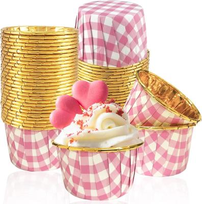 China Eco-Friendly Food Grade 50 Pack Gingham Foil Cupcake Baking Cups, Pink Plaid Mini Cake Mold Cups Ramekins Holders 3.5Oz Gold Liners Muffin Wrappers for sale