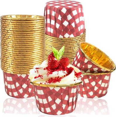 China Food Grade Eco-Friendly 3.5 oz Gingham Foil Cupcake Baking Cups, Gold Foil Checkered Aluminum Cupcake Liners Muffin Liners for sale