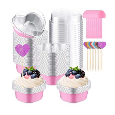 China Food Grade Disposable Eco-Friendly Heart Shaped Aluminum Foil Molds With Lids 100Pcs Spoon 100Pcs Heart Cup Cake Toppers for sale