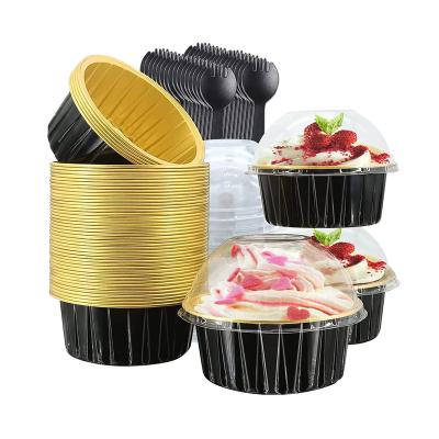 China Eco-Friendly Black Food Grade Aluminum Foil Bread Cup With Lid, 5 Oz Round Aluminum Foil Mold Tin Container, Disposable Ramekins Paper Cup Baking for sale