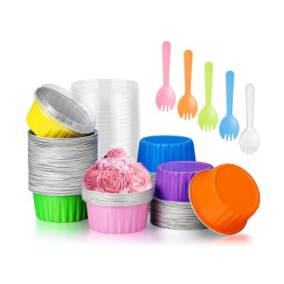 China Food Grade Aluminum Foil Eco-Friendly Baking Cups With Lids And Spoons Include Reusable Muffin Liners Cups Foil Cupcake Ramekins, Colored Plastic Spork for sale