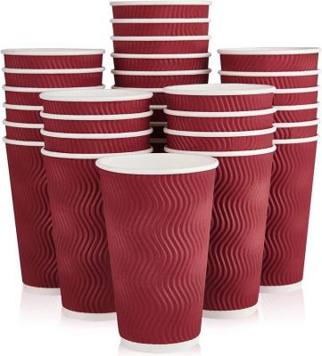 China 12/16 oz Biodegradable Disposable Paper Coffee Cups, Red Hot Beverage Cups with Insulated Ripple Wall, Ripple Paper Cups for sale