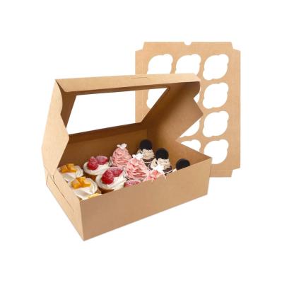 China Recycled Materials Cupcake Boxes Brown Cupcake Containers 12 Count Kraft Bakery Carrier Boxes With Windows And Inserts To Hold Cupcakes for sale