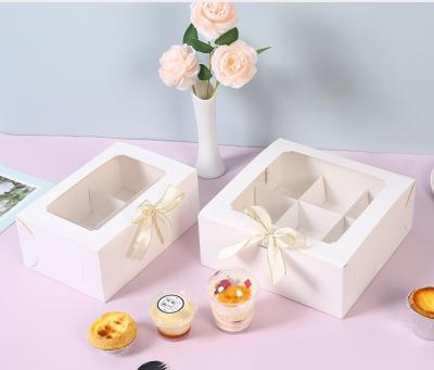 China Recycled Materials Pastry 6/9 Cupcake Box Window Ribbon White Cookies Cakes Wedding Birthday Festival Favors Home Baking Packaging for sale