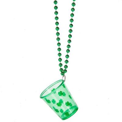 China St Patrick's Day Necklace St Patrick's Day Supplies Green Shamrock Chain Shot Shot Glass Plastic Necklace With Small Cup Pearl White Plastic Necklace for sale