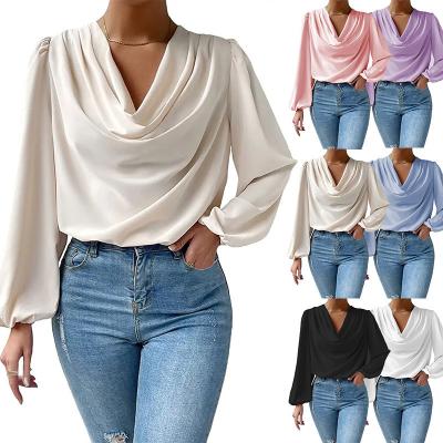 China Casual Pleated Long Lantern Sleeve Solid Color Anti-Wrinkle Chiffon Blouse Pile Collar Tops Draped V-Neckline Loose Plus Size Shirt for sale