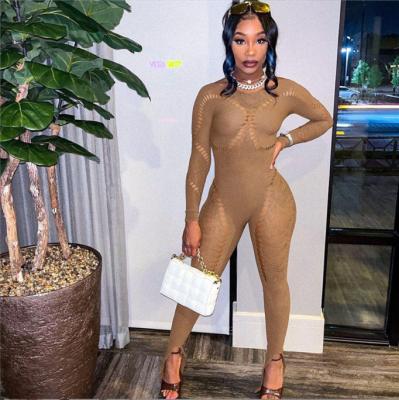 China QUICK DRY Summer Hollow Out Sexy Long Sleeve Jumpsuit Solid Color Knitted Women's Sexy One Piece Playsuit Bodycon Casual Jumpsuit for sale