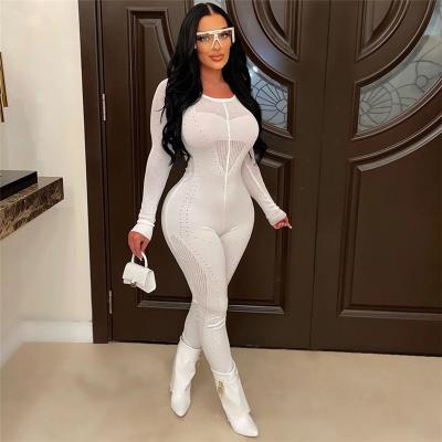 China 2023 Autumn Women's Sexy Mesh Hollow Solid High Waist Sexy Tight Casual Overalls QUICK DRY Long Sleeve With Hole Lady Clothes Tight Cutout Panties for sale