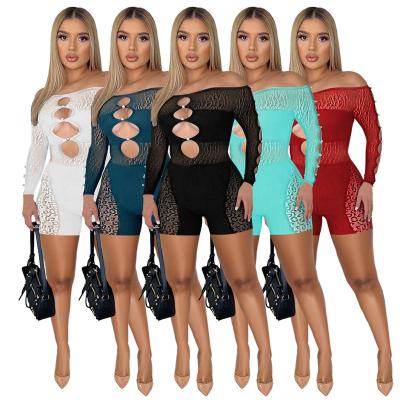 China Women's Anti-Static Cavity Sexy Overalls Mesh Long Sleeve Lace Fabric Bodycon Pants For Women for sale