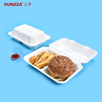 China Sunzza Disposable Take Out To Go Disposable Biodegradable Sugarcane Clamshell Brown Food Packaging Pulp Bagasse Container 100% for sale