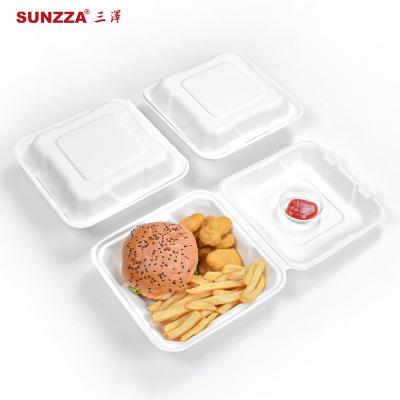 China Custom Disposable Sunzza Clamshell 6*6 Sugarcane Sugarcane Bagasse Hamburger Box Fast Food Disposable Biodegradable Lunch Container Compostable Box for sale