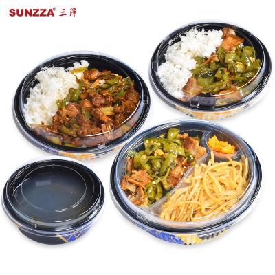 China Disposable Sunzza 700ml Disposable Rice Fruit Soup Salad Noodle Mixing Dining Set To Go Black PP Plastic Divided Japanese Ramen Bowl for sale