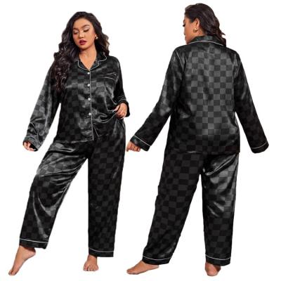 China QUICK DRY Jacquard Controller Contrast Piping Satin Blouse And Pants Pajamas Plus Size Women's Sleepwear for sale