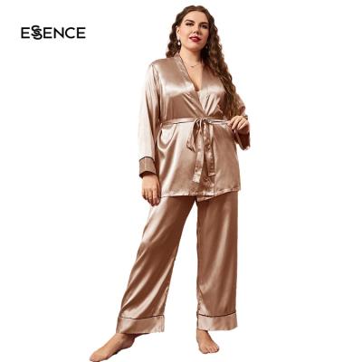 China Plus Size Thermal Sleep Wear Contrast Belted Satin Piping PJ Set For Large Women Silk Pajamas for sale