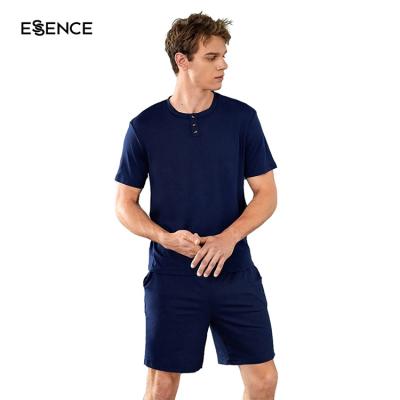 China Breathable Luxury Mens Solid Button Tee Half And Shorts Pajamas 100% Cotton PJ Set for sale