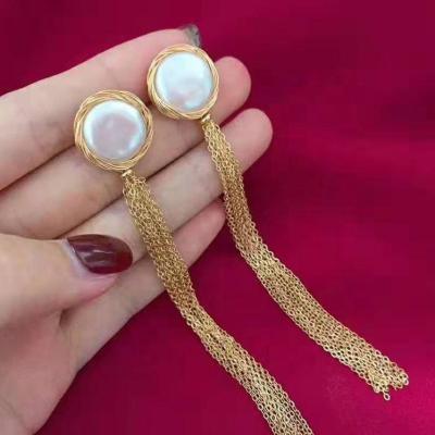 China 14k Gold TRENDY Fashion Long Tassel Button Earrings for sale