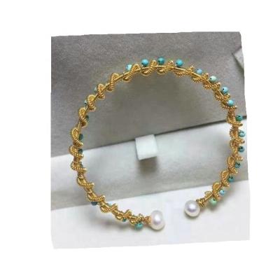 China Natural turquoise and free fashion pearl with 14k gold hand - woven bracelets for sale