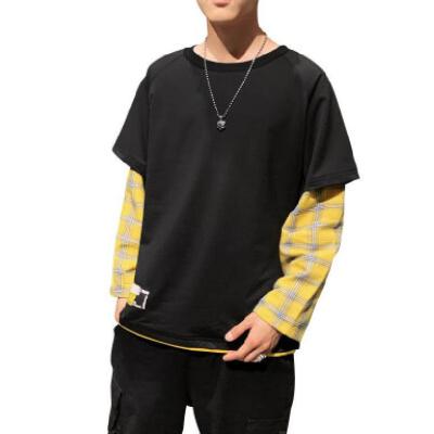 China hip-hop long-sleeved two-piece long-sleeved Korean round autumn brand men's spring anti-wrinkle and trend neck stitching long-sleeved for sale