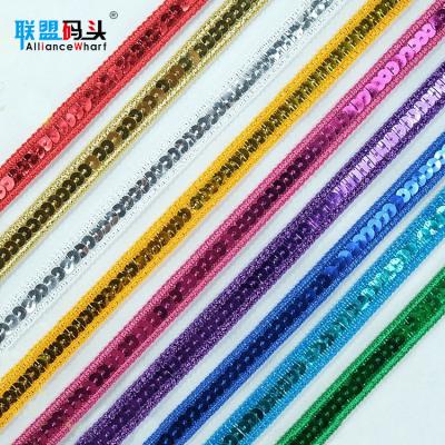 China Wholesale Viable Garment Decoration Ribbon Trimmings 1.4CM Wide Red Gold Bling Beaded Sequins Fabric Lace Trim For Lady Dress for sale