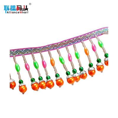 China Fashion Beads Colorful Hanging Hand Jacquard Fabric Sewing Ribbon Lace Beaded Tassel Fringe Trim For Hmong Miao Dress for sale