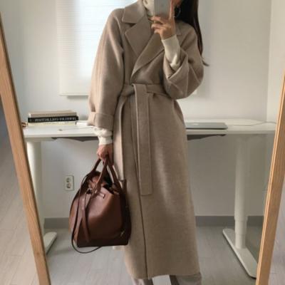 China No 2021 Women Elegant Wool Long Coat With Belt Solid Color Long Sheath Chic Outerwear Ladies Overcoat for sale