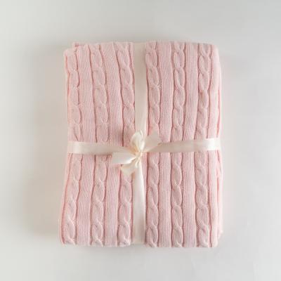 China Wholesale PORTABLE 100% Cotton Blanket Cable Knit Crochet Yarn Knitted Throw Blanket Pink Blanket For Baby for sale