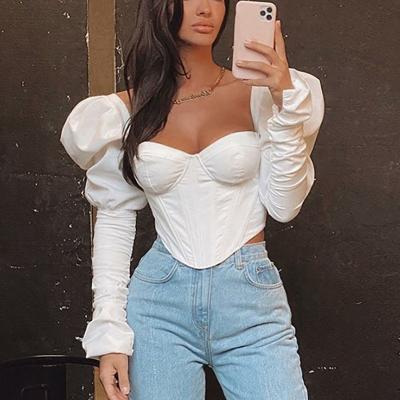 China Anti-wrinkle women new summer sexy fashion tops retro style tee puff sleeves backless wrap chest sleeves long T-shirts for sale